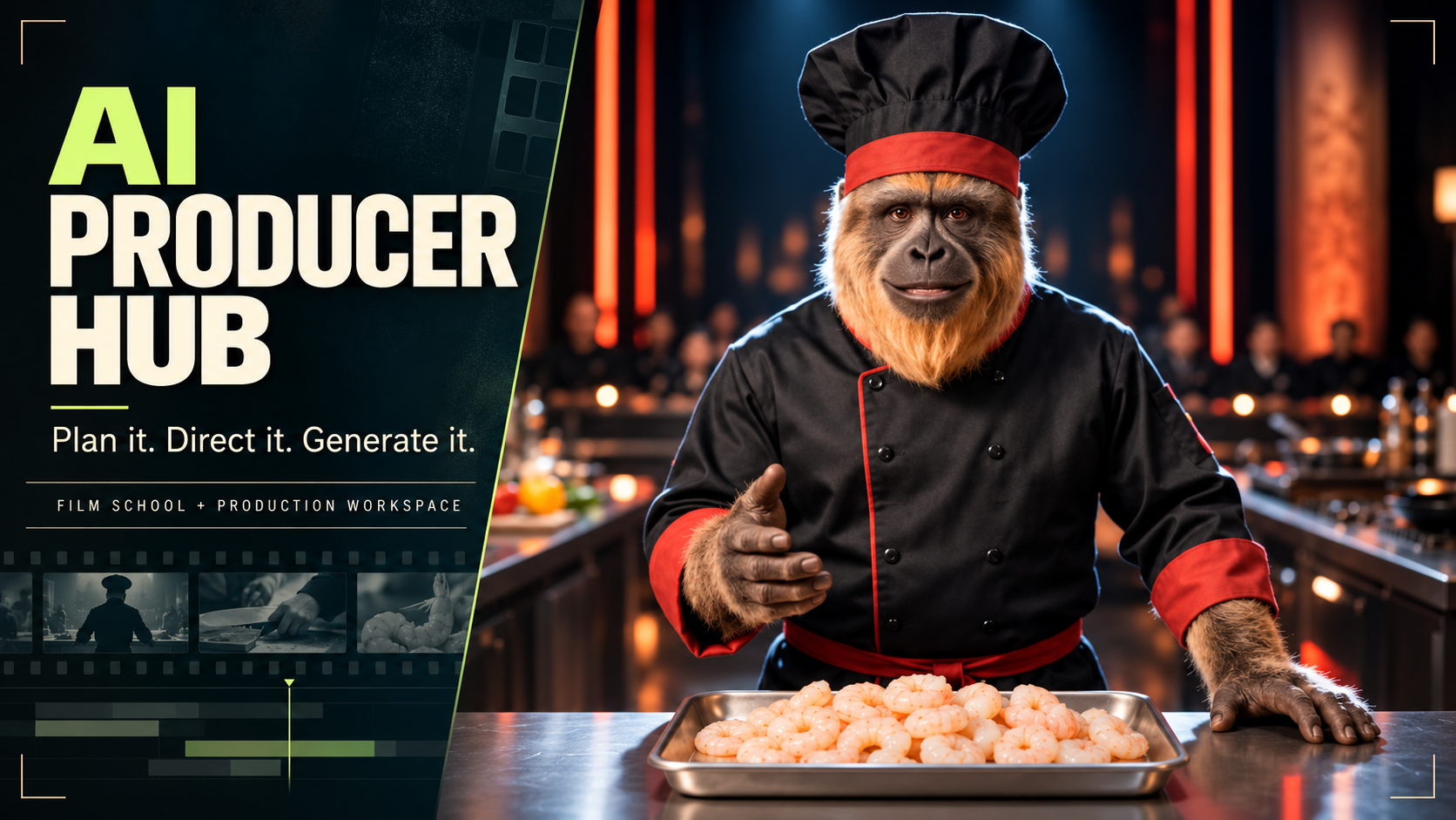AI Producer Hub promotional artwork featuring a monkey chef in a cinematic kitchen. Plan it. Direct it. Generate it. Film School and production workspace.
