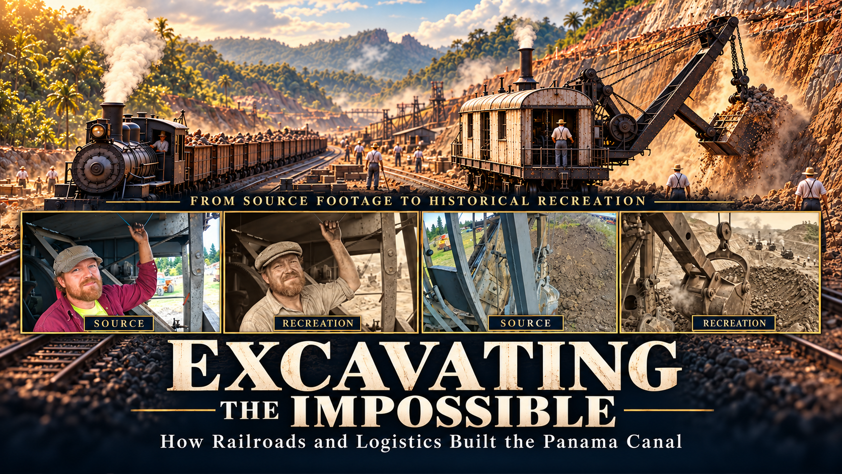 Excavating the Impossible documentary composite: Canal construction backdrop with four inset images comparing source footage and historical recreations of an operator and shovel equipment.