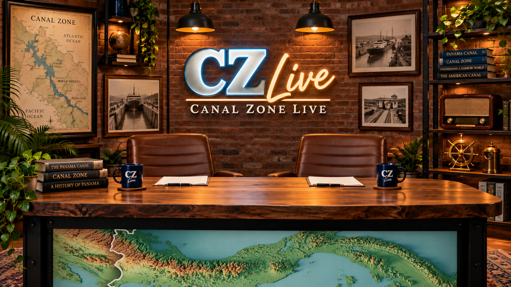 CZ Live studio design with illuminated Canal Zone Live branding, warm brick walls, historical photographs, and a topographic map across the desk front.