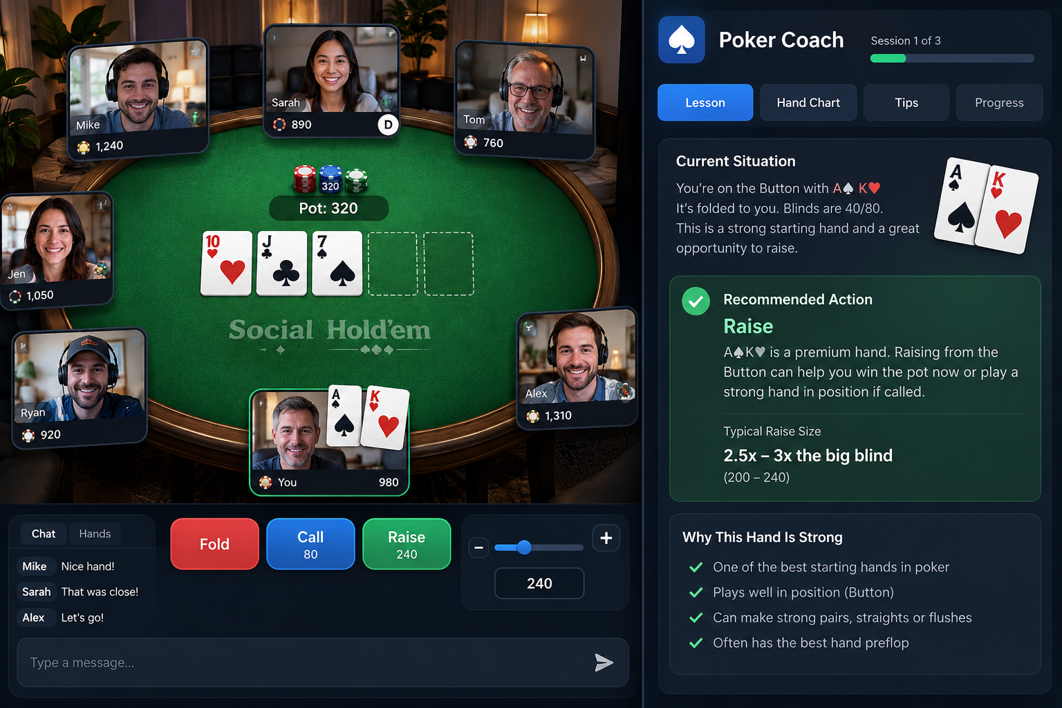 Social Hold’em design illustration showing a video poker table alongside the Poker Coach dashboard, with lesson, hand chart, tips, and progress controls.