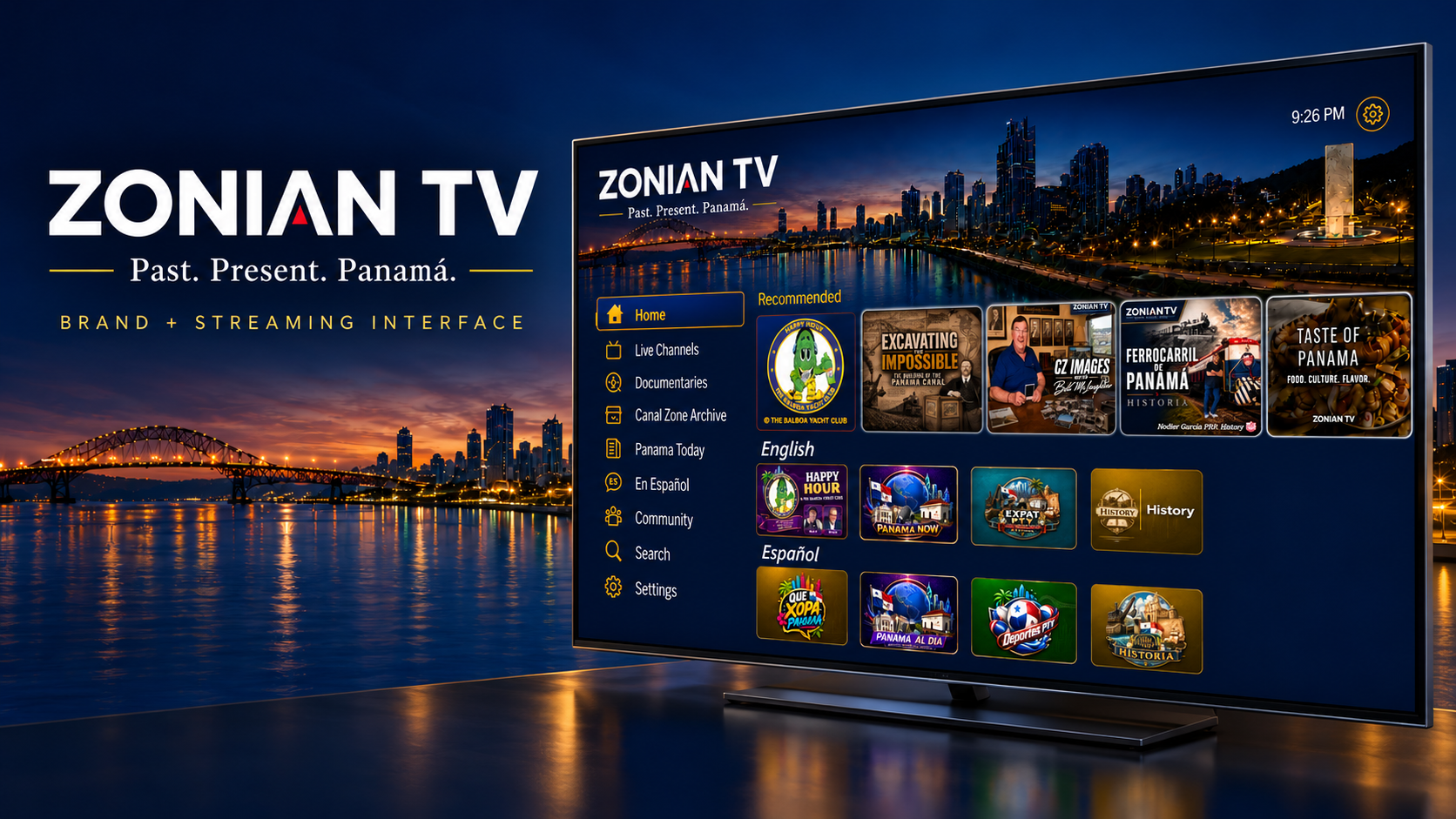 Zonian TV promotional mockup with navy and gold branding, Panama skyline, and streaming interface displayed on a television. Past. Present. Panamá.