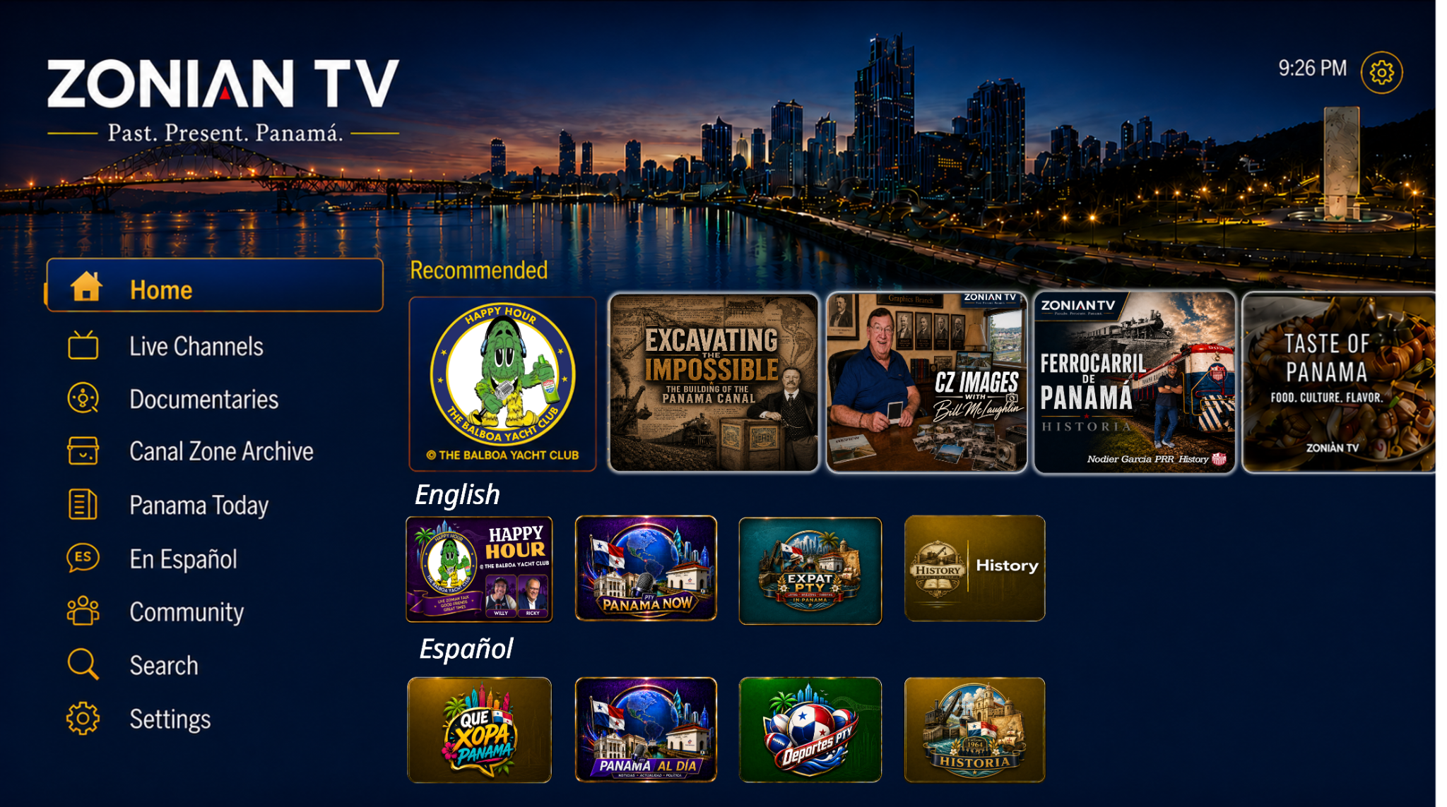 Original supplied Zonian TV interface design with navigation and bilingual program tiles.